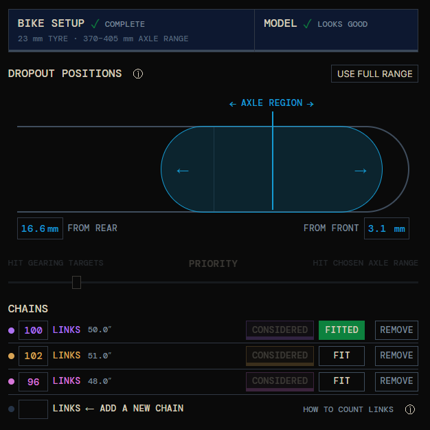 Dropout position and chain inventory showing 100-, 102- and 96-link options.